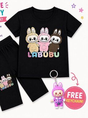 Kids 2Piece Cartoon Bunny Outfit Set | Soft T-Shirt & Long Pants | Free Keychain